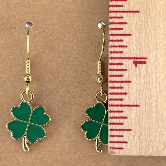 18k Gold Plated Hook Dangle Four Leaf Clover Earrings Saint Patricks Day - Picture 2 of 2